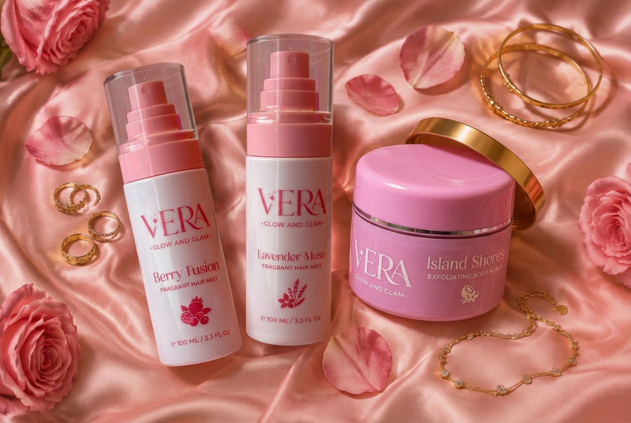 Vera Berry Fusion and Lavender Muse hair mists with Island Shores body scrub on pink satin